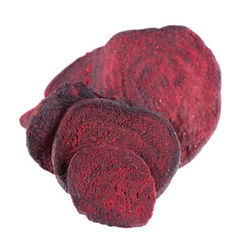Crispy roasted beetroot chips with sea salt, isolated on white background. Healthy and crunchy natural vegetable snack. Clipping path.