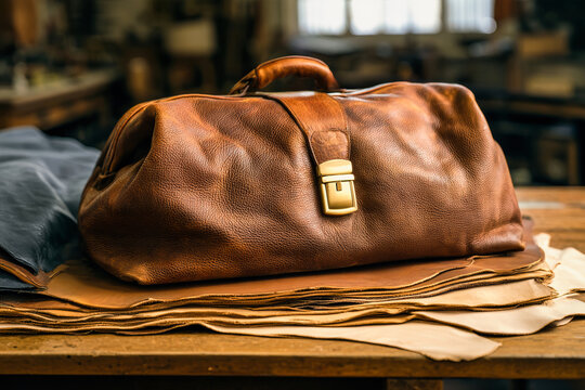 A leather bag with a metal clasp sits on cut leather pieces at a workshop table during the manufacturing of leather bags and accessories