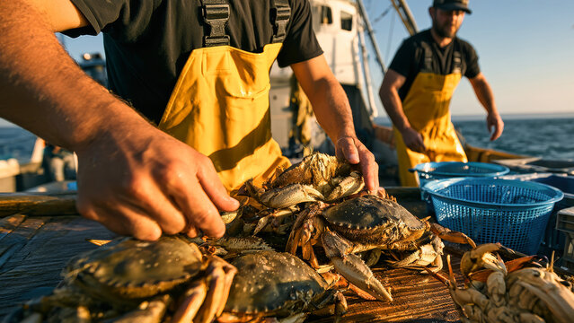 Workers sort crabs by hand on a fishing boat deck, placing the catch on a work surface beside baskets during the day