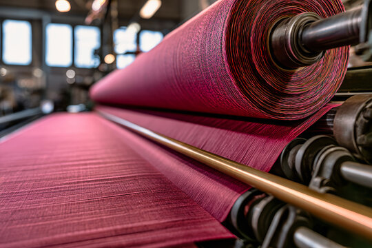 A close view of the textile manufacturing process highlights a large cylinder in a weaving mill. The scene shows fabric being processed and prepared