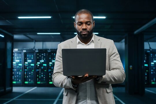 Professional man using laptop in modern server room with glowing blue lights and dark industrial background