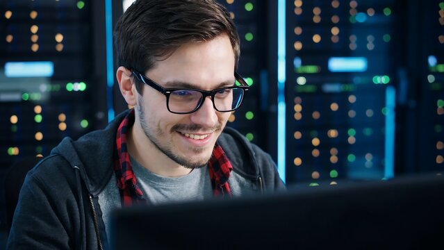 Smiling young male technician working on computer in dark server room with glowing blue hardware rack lights