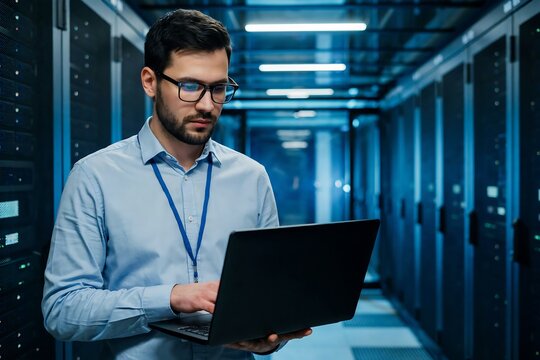 IT engineer using laptop in server room with blue lighting and rows of network hardware racks