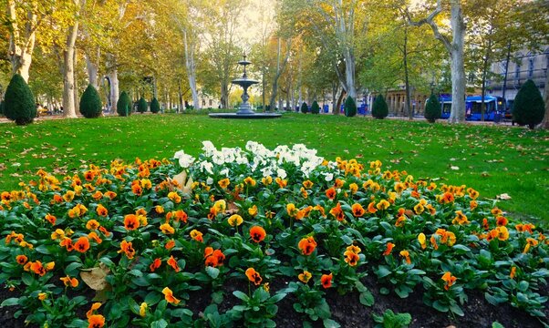 City park with fountain, trees and colorful flowers, peaceful places background, Zagreb, Croatia
