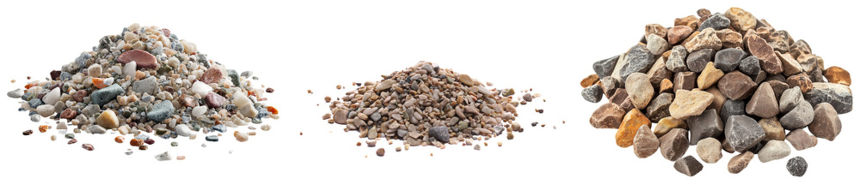 Various piles of colorful natural pebbles and gravel, showcasing diverse textures and earthy tones.