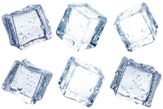A refreshing collection of six crystal-clear ice cubes, adorned with cool water droplets.
