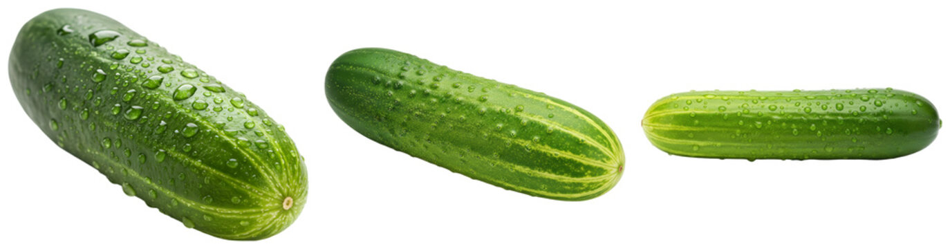 Fresh green cucumbers covered in glistening water droplets, showcasing their crispness.