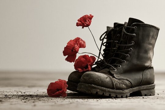 Worn military boots with red poppies on ground, remembrance memorial concept