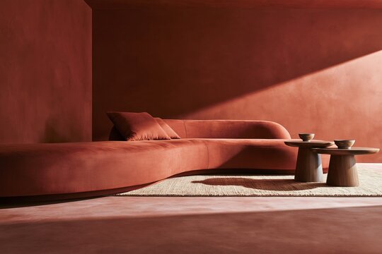 Sunken living room featuring color drenching in dark sienna with sculptural rust linen sofa and walnut side tables. Modern home interior design for luxury real estate