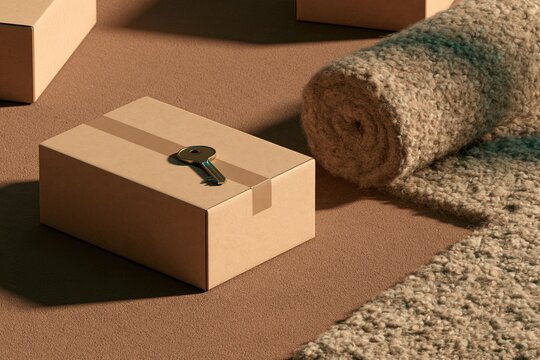 Metal key on cardboard shipping box, moving and delivery concept with brown tones