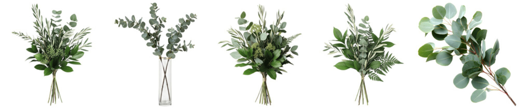 Five distinct elegant bouquets and arrangements featuring fresh green eucalyptus and olive branches.
