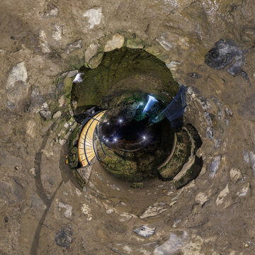creative tiny planet photo of a rural landscape with dirt road, green fields, and cloudy sky forming a circular world.