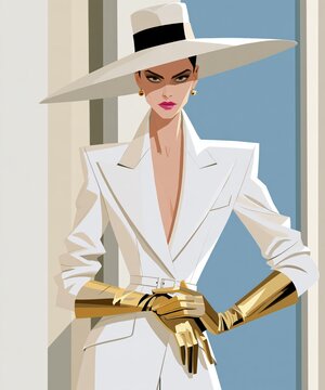 Elegant woman in a stylish white suit and widebrimmed hat poses confidently.