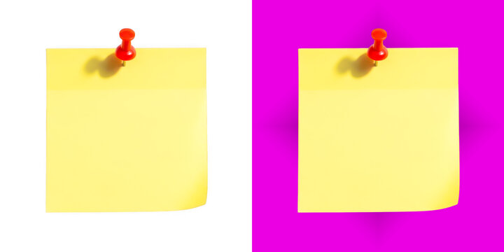 Bright yellow square sticky note paper pinned with a red push pin object