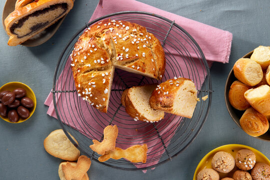 Easter flat cake with assorted pastries on a festive table