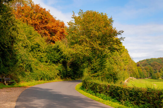 Beginning of autumn landscape, Terrain hilly countryside in border of Netherlands and Belgium, Curve road with yellow orange and green leaves on trees, Sint-Martens-Voeren, Belgian province of Limburg