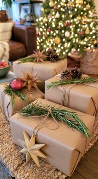 Wrapped presents with natural decorations sit before a glowing festive tree.