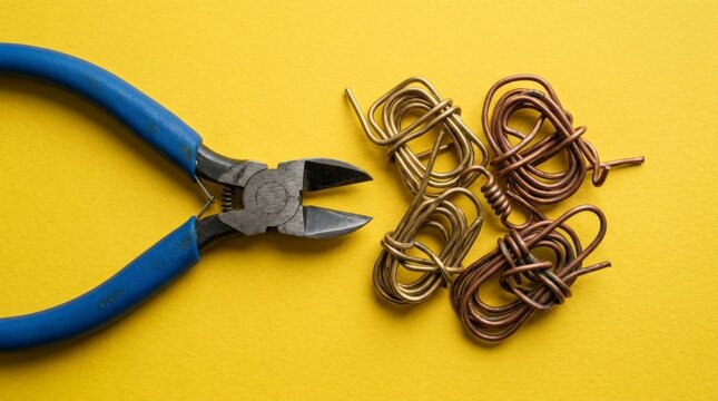 A pair of blue handled wire cutters rests on a bright yellow surface alongside neatly arranged piles of metal components including copper wire scrap, ready for recycling and craftsmanship