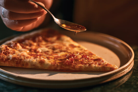 An appealing image of a hand drizzling sauce on a slice of pizza, showcasing the art of pizza-making and the joy of savoring a favorite comfort food.