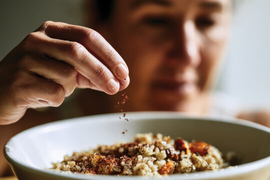 A woman gracefully sprinkles spices over a delicious bowl of quinoa, showcasing her culinary skills and the art of enhancing flavors in everyday meals with care.