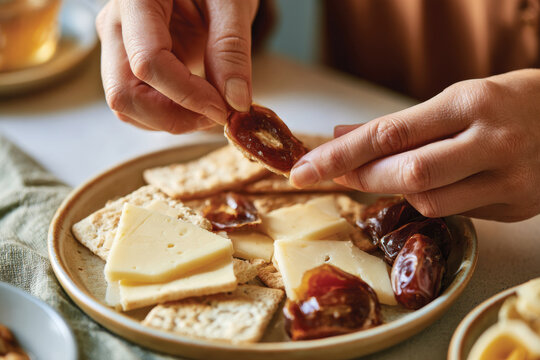 A close-up of hands arranging cheese slices on a plate with dried fruits and crackers, capturing the essence of food creativity and enjoyment.