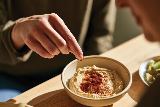 Close-up shot of a hand delicately sprinkling spices on creamy hummus, emphasizing the creativity and flavors enriched in this popular Middle Eastern dip.