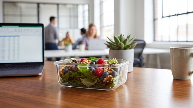 Fresh mixed berry salad in a clear container on an office desk. Healthy work lunch and balanced nutrition. Workplace wellness and productive routine. Convenient meal prep for busy