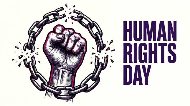 Human Rights Day vector illustration featuring a broken chain and a raised fist
