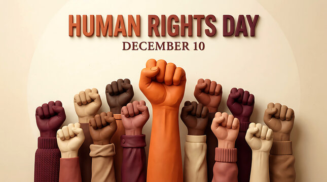 Human Rights Day December 10 poster with diverse raised fists graphic design