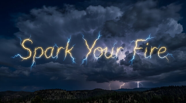 Glowing Yellow Lightning Bolt Typography in Night Sky