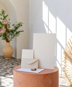 Stationery items are elegantly arranged on a pedestal next to a vase of flowers.