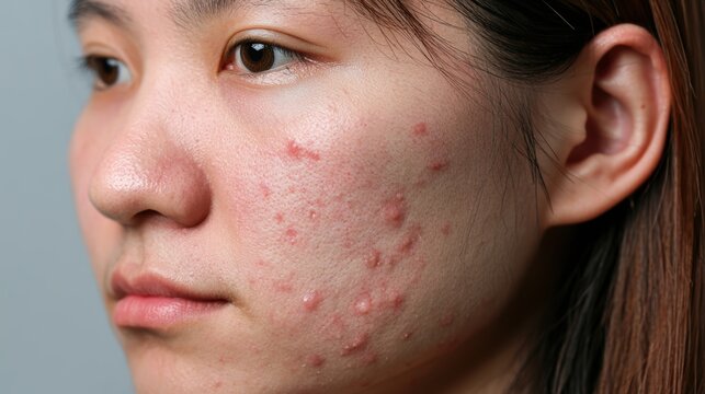 acne on woman face with rash skin, scar, and red skin syndrome allergic to cosmetics, use steroids, dermatology, inflammation, infection, hygiene