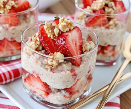 Freshly prepared layered fruit and grain dessert in a glass.