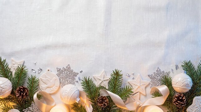 White christmas ornaments and pine branches on textured fabric background with copy space