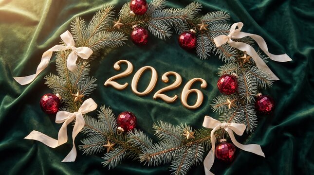2026 gold numbers inside pine wreath with red baubles on green velvet fabric