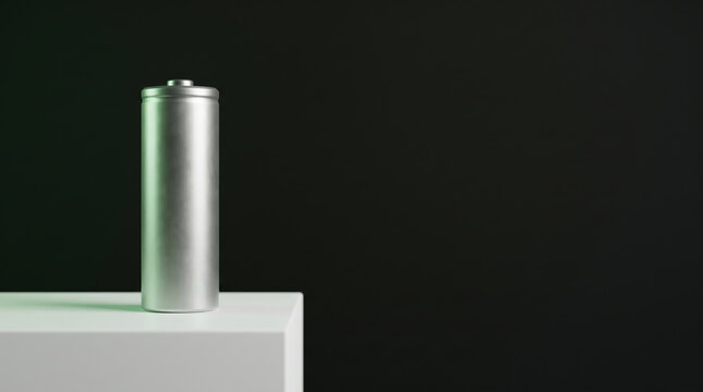Silver battery recycling plant concept with upright lithium cell against dark background. Electric power renewable energy green energy manufacturing energy recovery efficiency sustainability