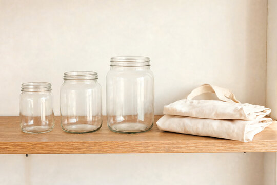 Reusable glass jars and folded cloth bags on a wooden shelf