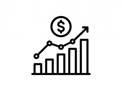 Minimalist financial growth icon, bar chart and line graph with dollar sign, business profit and investment success symbol on white background