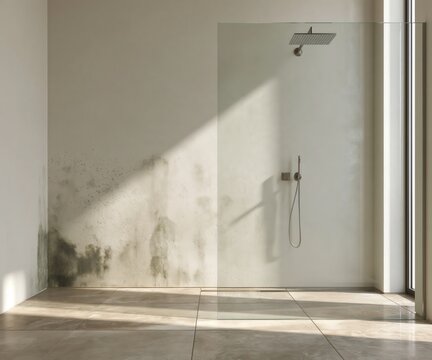 bathroom with a walk-in shower and mold on the wall