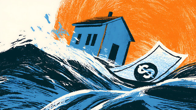 Conceptual illustration of a house and dollar bill sinking in turbulent waves, symbolizing rising housing costs, mortgage crisis, inflation, financial instability and economic hardship.