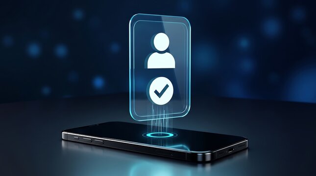 Digital identity verification icon hologram floating above smartphone screen representing secure user authentication and data privacy