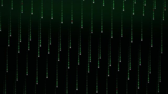 Abstract digital rain of green binary code cascading down a dark background.