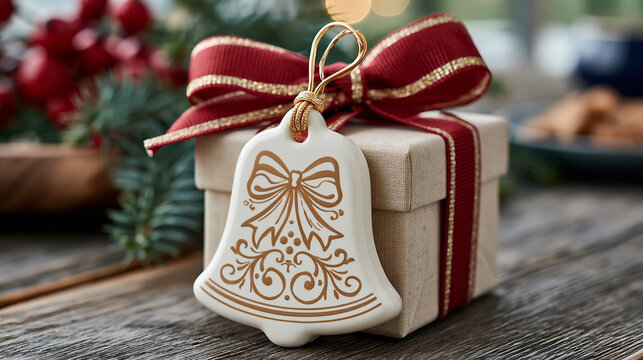 Christmas gift box decorated with red ribbon and ceramic bell ornament