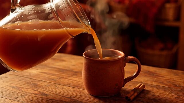 Pouring Hot Apple Cider Into a Mug With Cinnamon Stick