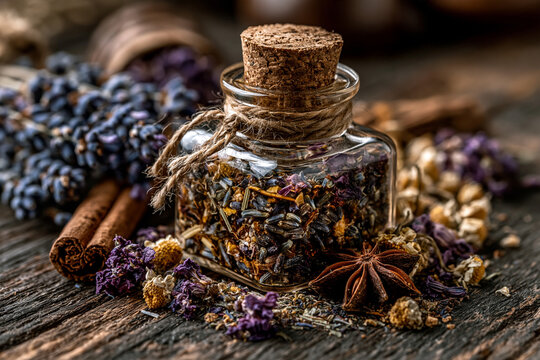Glass apothecary jar filled with dried medicinal herbs and aromatic floral spices