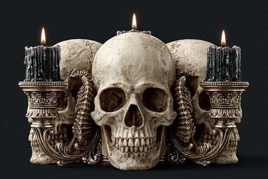 Triple skull centerpiece arranged with burning black candles on dark background