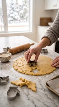 Person cutting different shaped cookies from rolled dough on a floured marble countertop in a home kitchen beside a rolling pin. Winter home activities and seasonal household maintenance concept