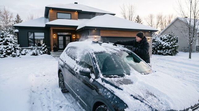 Person clearing snow from a frost covered car parked outside a modern dark house on a quiet residential winter neighborhood street. Winter home activities and seasonal household maintenance concept