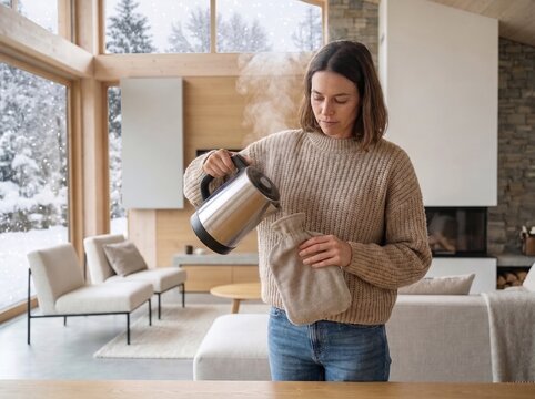 Woman pouring hot water from a metal kettle into a hot water bottle in a cozy living room with snowy windows at home. Concept of rising energy prices and home heating costs during the cold season