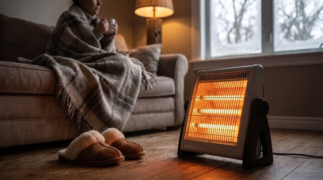 Person wrapped in plaid blanket holding a warm drink beside glowing portable heater in a cozy living room indoors. Concept of rising energy prices and home heating costs during the cold season